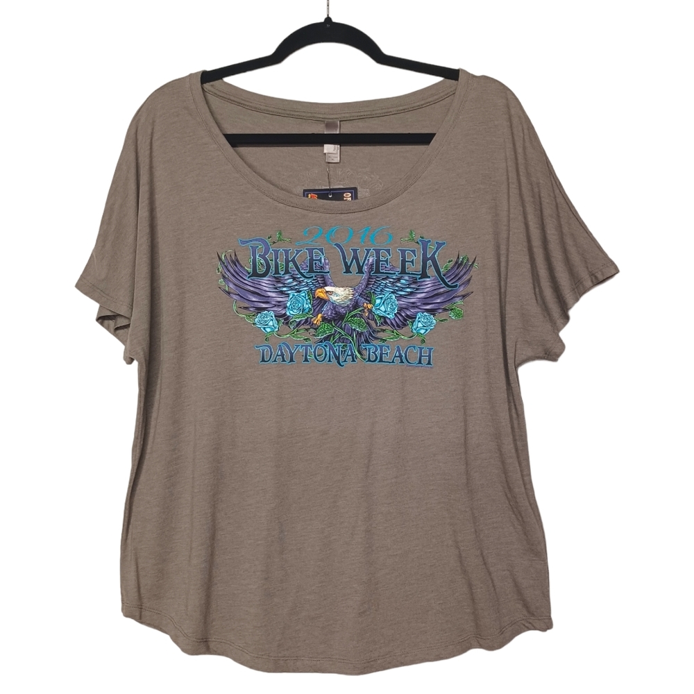 2016 Bike Week Daytona Beach Eagle Floral Print Short Sleeve Gray Top XL NWT